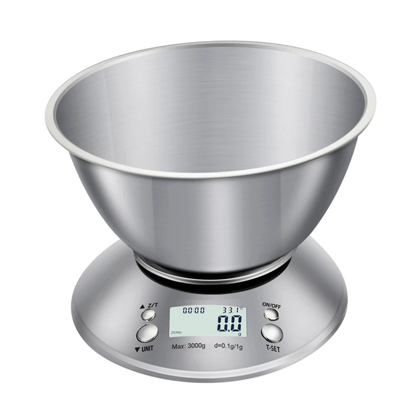 

Цифровые кухонные весы, весы из нержавеющей стали со съемной чашей, 5 кг, Водонепроницаемые электрические цифровые весы