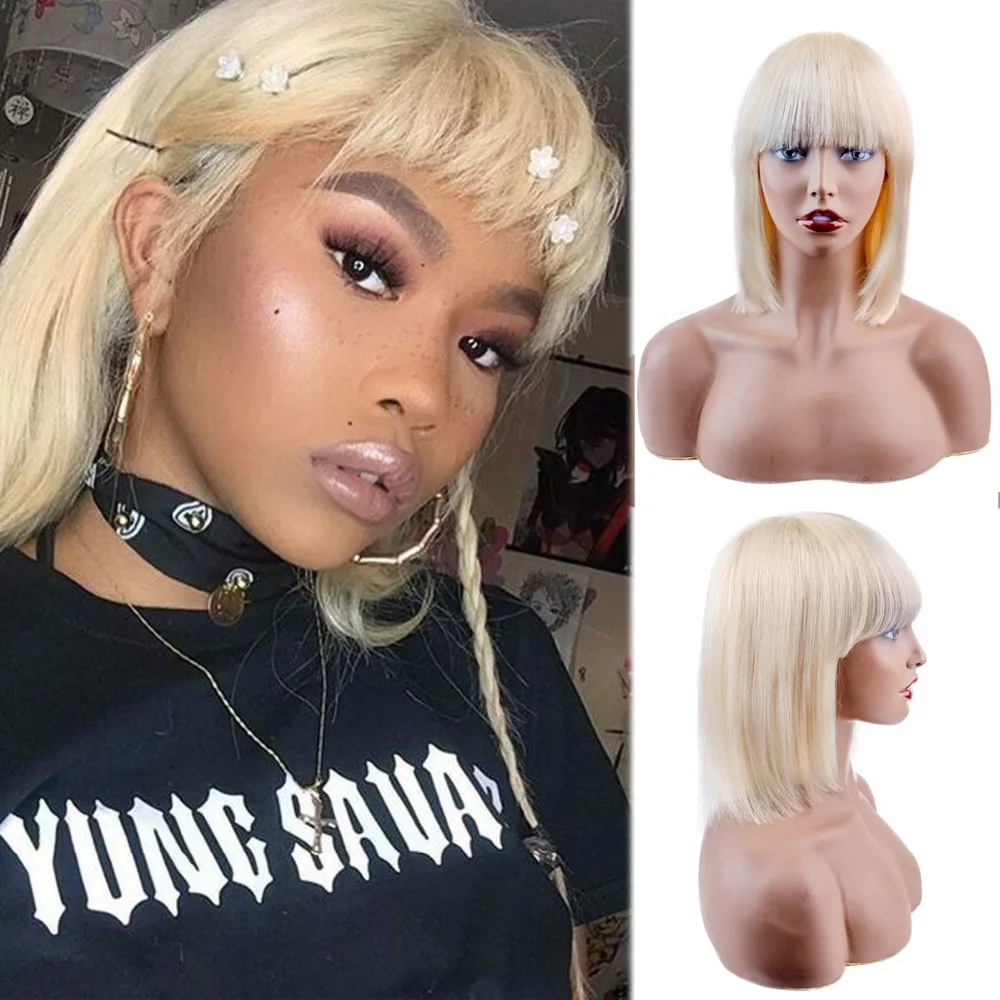Luxediva Brazilian Hair Wigs with Bangs Human Hair Wigs with Bangs Colored Bobs 613 Blonde Purple Yellow Blue Green Short Wig