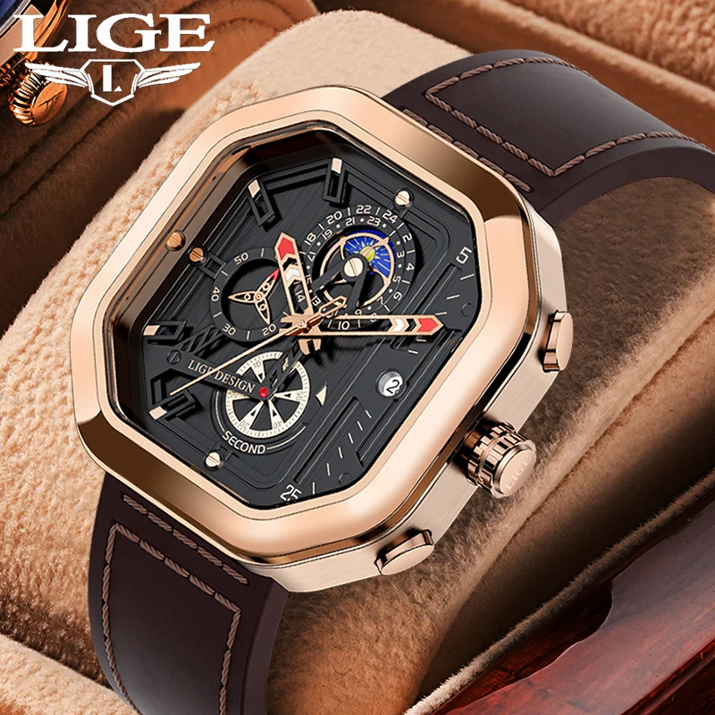 

LIGE Mens Watch Square Sports Quartz Wristwatch 30M Waterproof Stopwatch Hollow out Watch for Men Date Clock Relogio Masculino