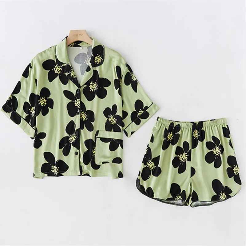 Summer Pajamas Thin Loose Pajama Tribute Satin Short-sleeved Shorts Casual Comfortable Sleepwear Dark Green Print Women Suits