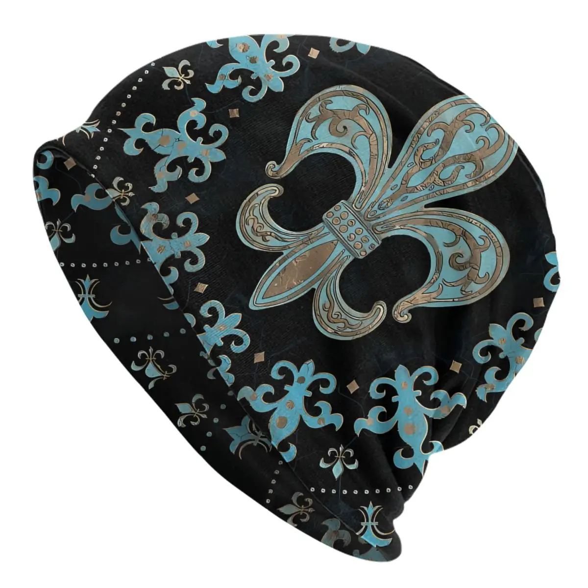 

Bonnet Hats Fleur De Lys Men Women's Vintage Teal And Gold Cap Street Skullies Beanies Caps