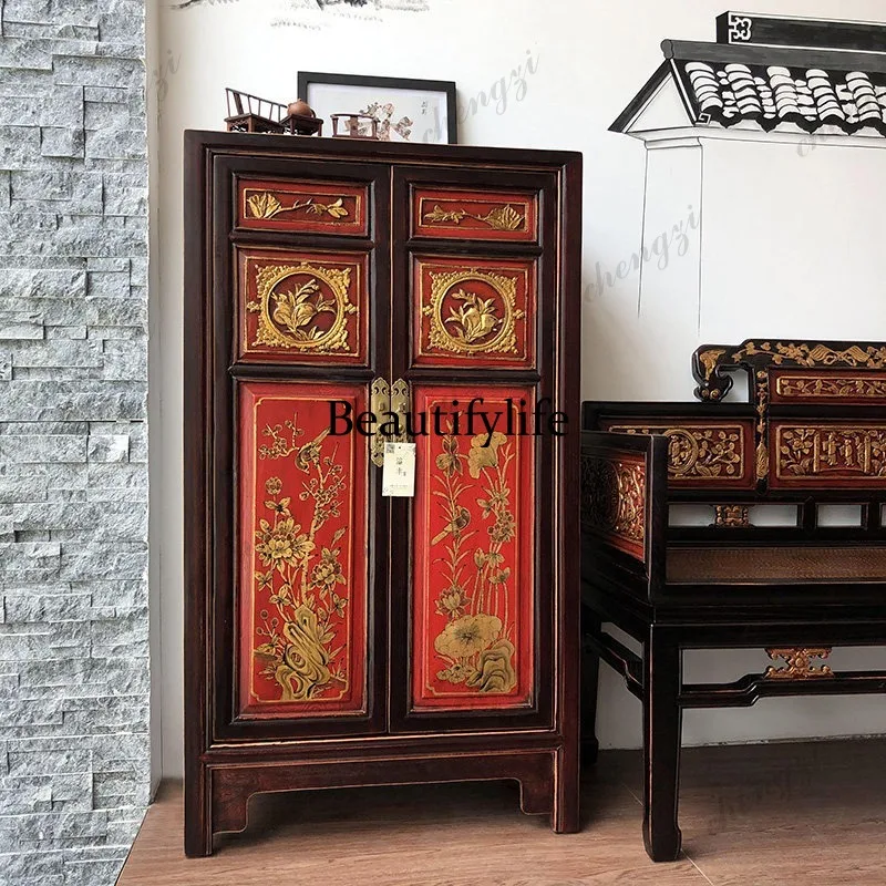 Фото Винтажный обувной шкаф для хранения, двухдверный шкаф для прихожей, декоративный шкаф-перегородка, неоклассический из массива дерева. №3