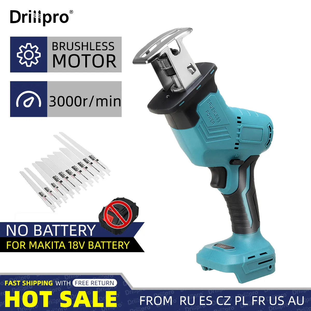 Бесщеточная сабельная пила Drillpro, 3000 об/мин, электрическая пила, 10 шт. лезвий для пилы, машина для резки металла, дерева, аккумулятор Makita 18 в