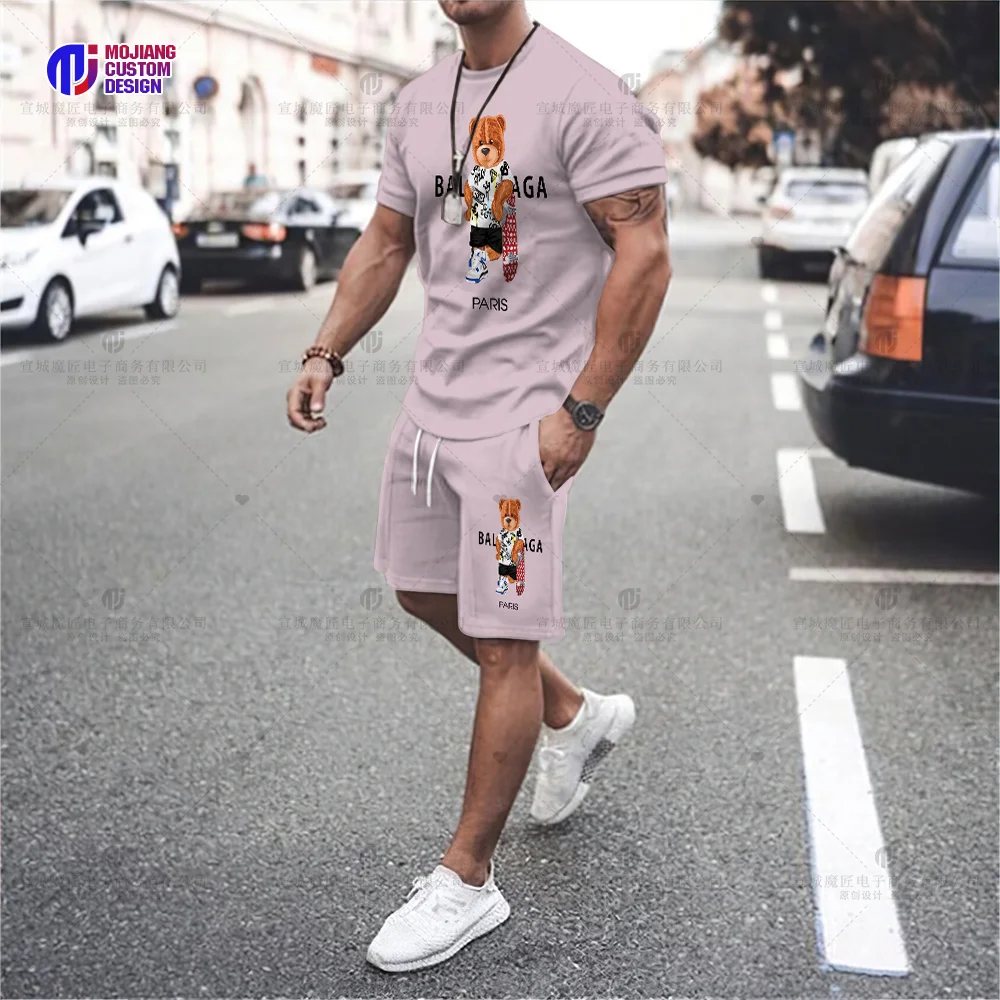 Oversized 3D Printing T-shirt Bear Print Pattern T-shirt Set Fashion Luxury Designer Round Neck Short Sleeve Top Summer Shorts