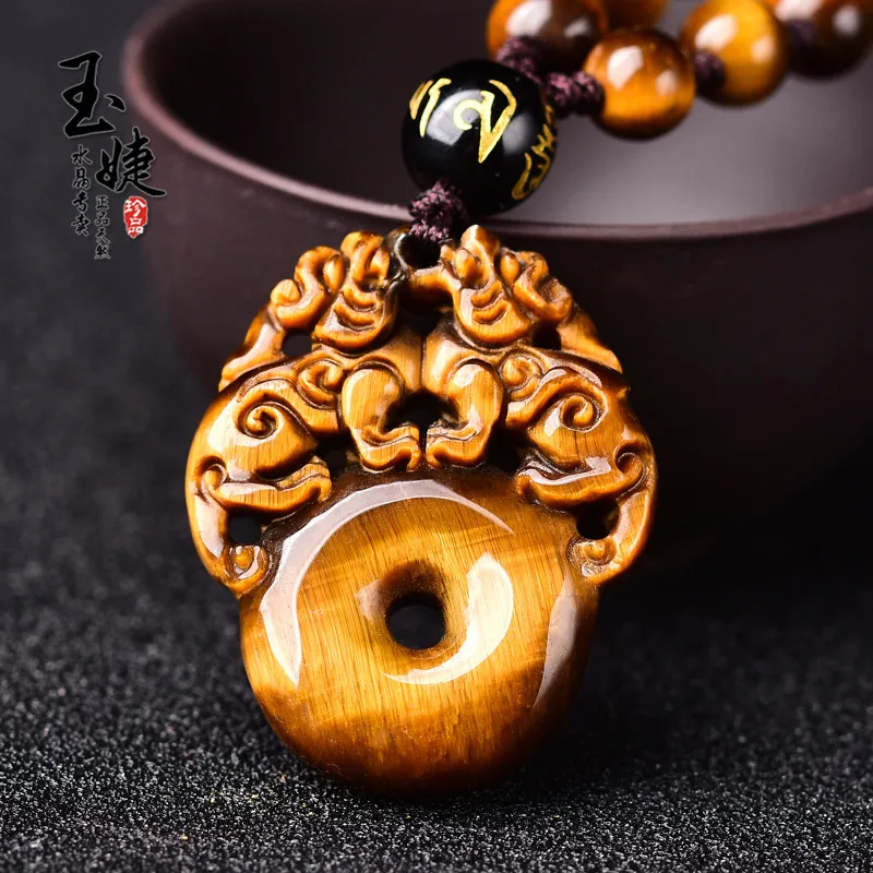 

Natural Tiger Eye Double Pixiu Donut Pendant Necklace Men Women Tiger Eye Crystal Healing Stone Wealth Brave Troops Lucky Amulet