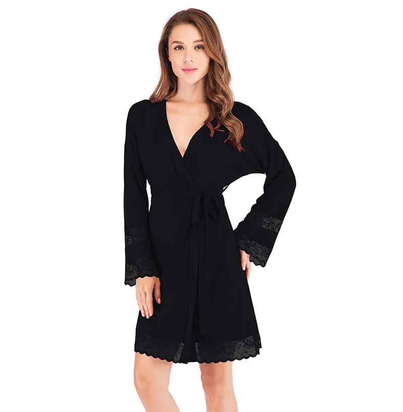 Spring and Autumn New Women's Nightgown Loose Long-sleeved Lace Simple Women's Home Service Lingerie Robe Bath Robe Sleepwear