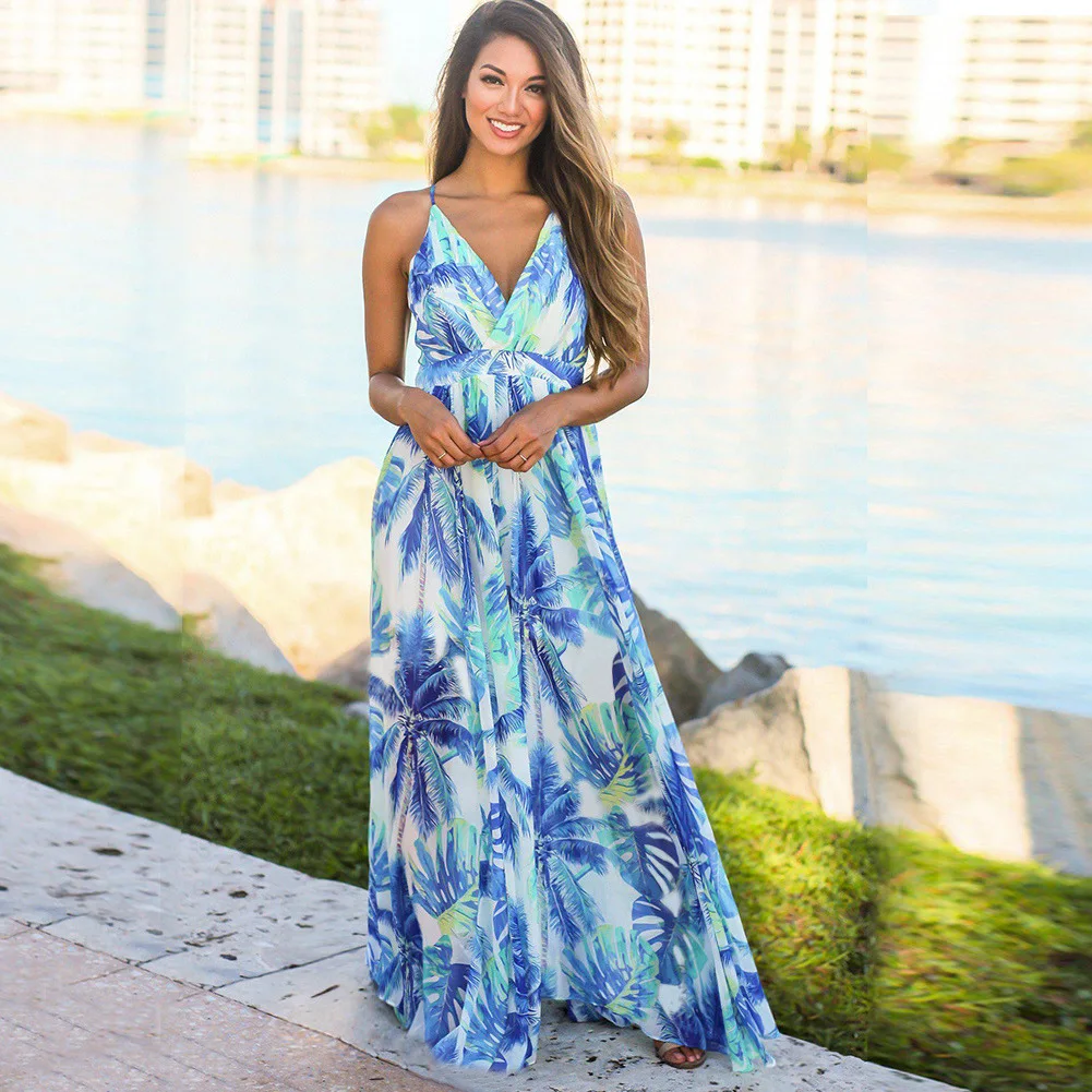 

2023 New Dress for Women Floral Spaghetti Strap Dress Casual Sundress Print V-neck Sleeveless Holiday Party Beach Style Type