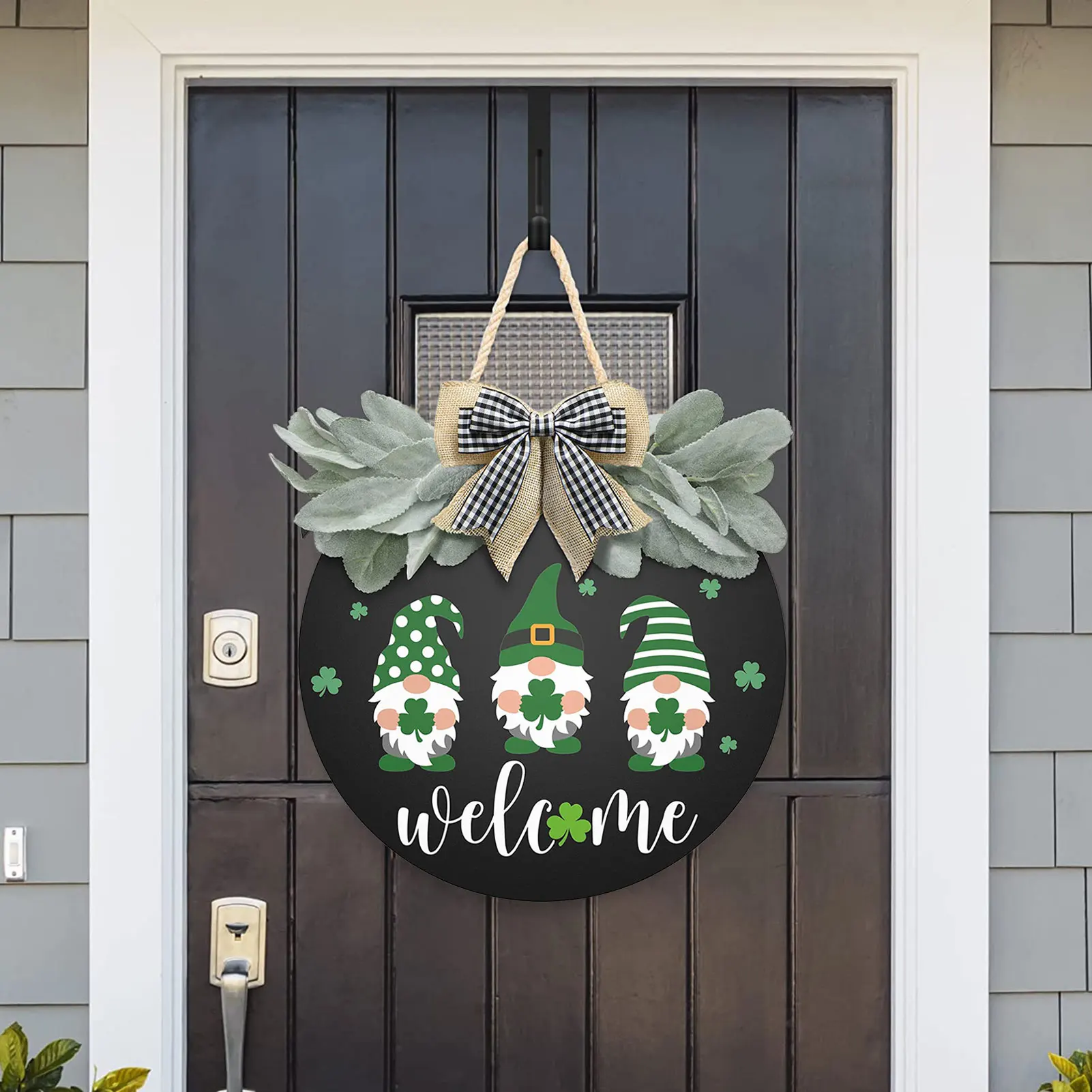 

St. Patrick's Day Welcome Sign St.Patrick's Day Wreath For Front Door Decor Shamrock Door Sign With 3 Gnomes Pattern Greenery &