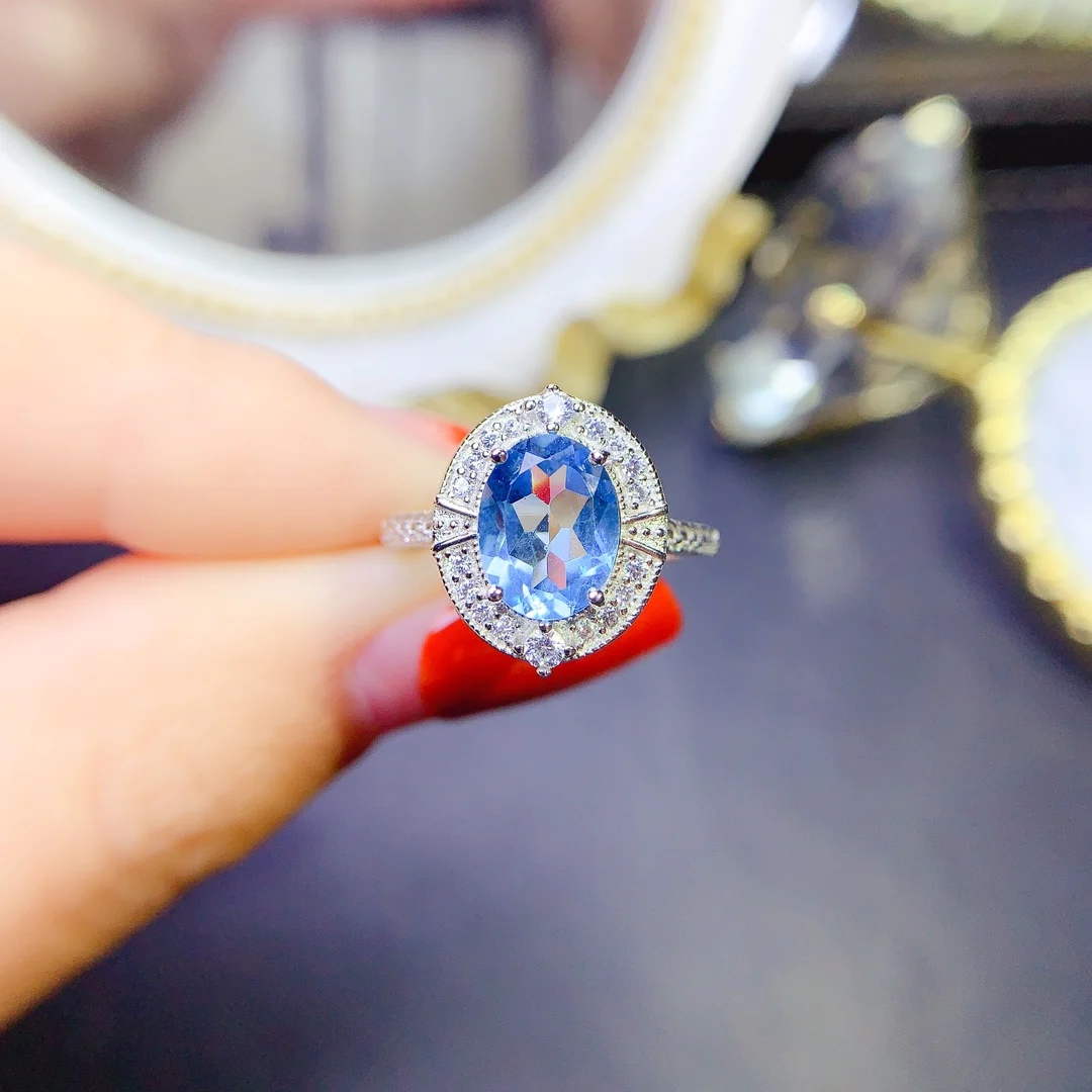 

Natural Blue Topaz ring, 925 Silver certified, 7x9mm gemstone setting, gift for girls, free shipping
