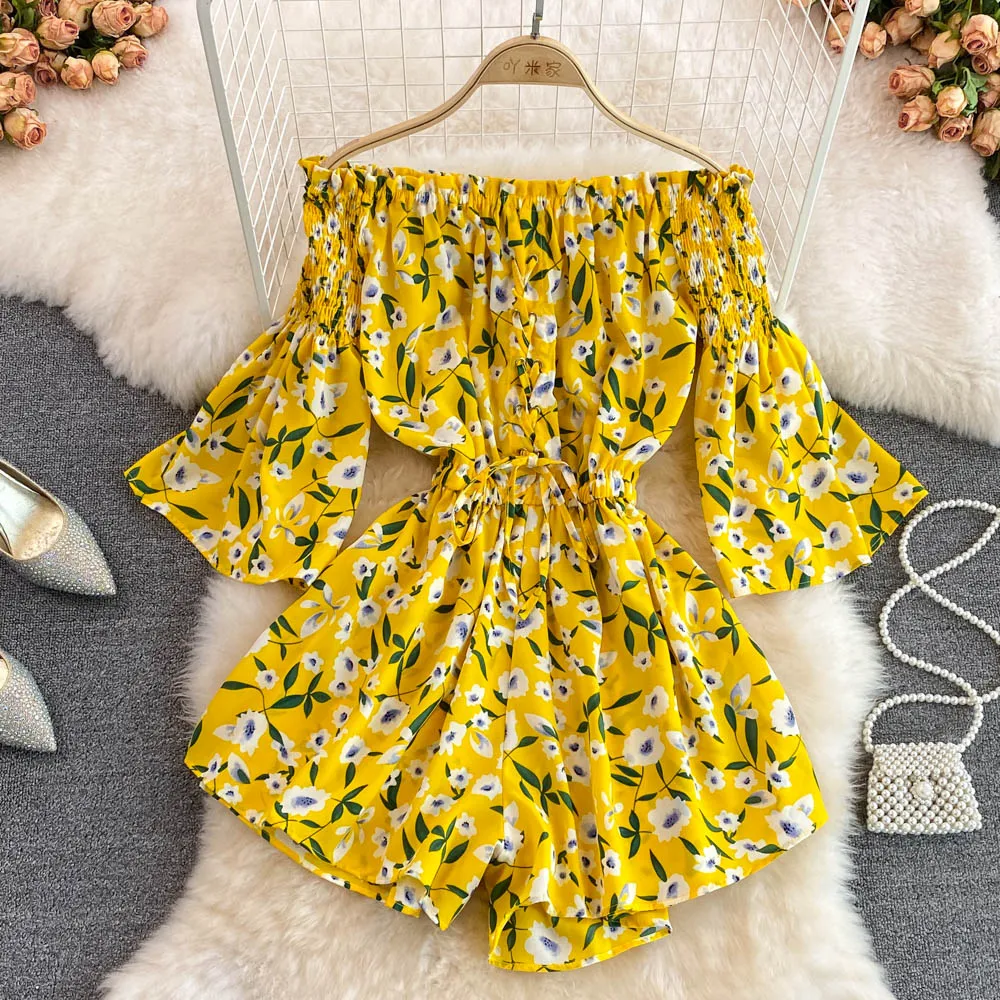 

Sexy Slash Neck Off Shoulder Women's Jumpsuit Fashion Flare Sleeve Floral Print Chiffon Wide Leg Short Pants Jumpsuit Women 2022