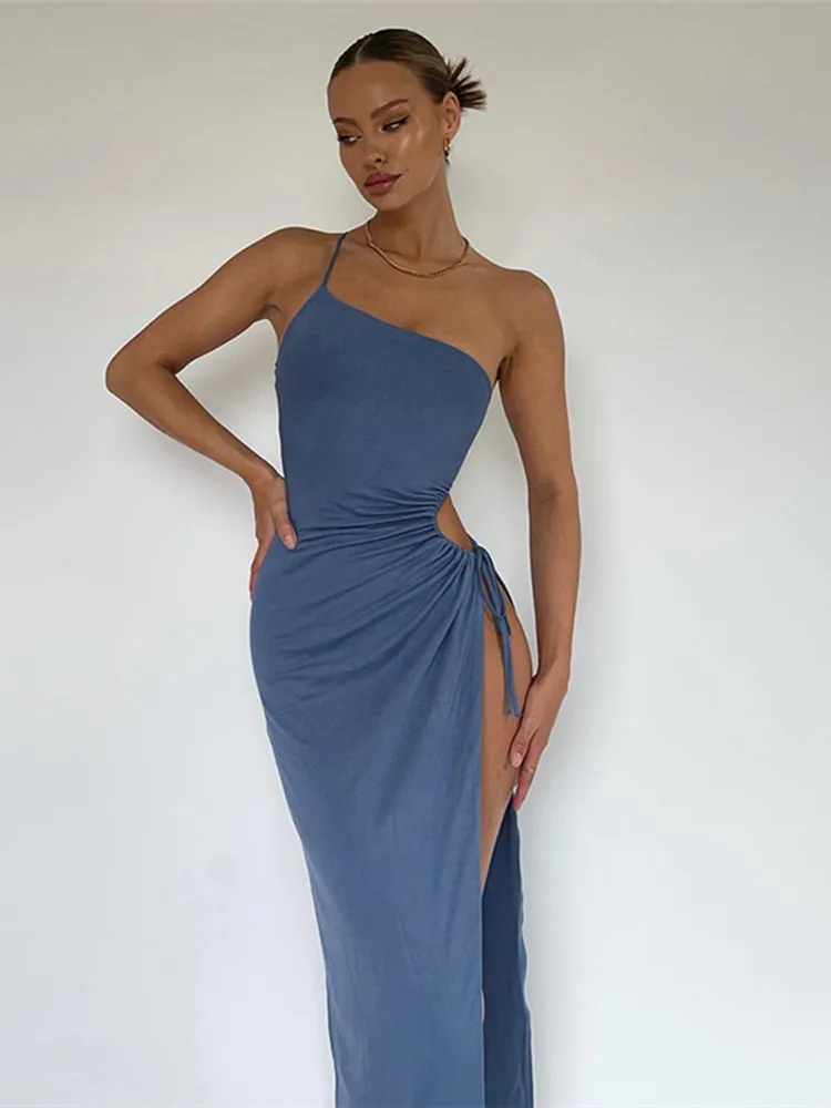 

hirigin Women Solid Color Bodycon Dress One Shoulder Spaghetti Strap Backless Hollow-Out High Split Wedding Evening Party Club