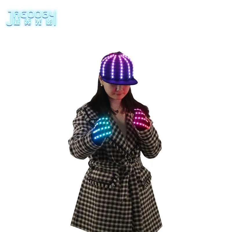 

Stage Show Glowing LED Hip Hop Hat and Fluorescent Gloves Props for Holiday Party Halloween Christmas Lights Up