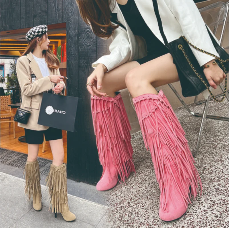 

2022 New Sweet Pink Black Women Knee High Tassel Boots Fashion 4 Inch High Heel Lady Shoes Size 43 Women Shoes Shoe for Women