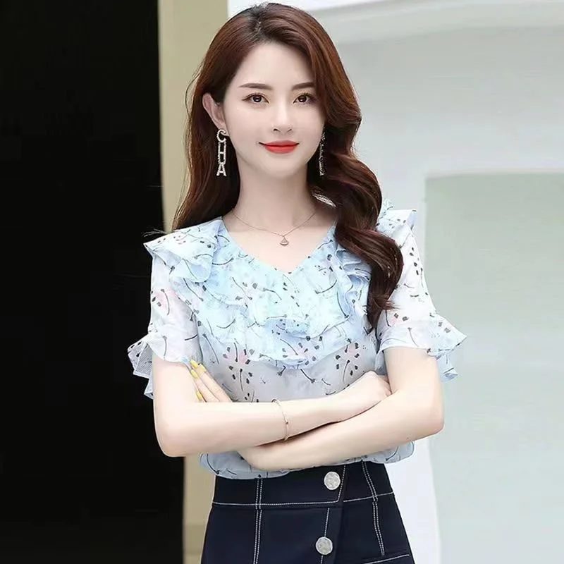 Женская двойная шифоновая рубашка Корейская версия Модный пуловер с оборками и