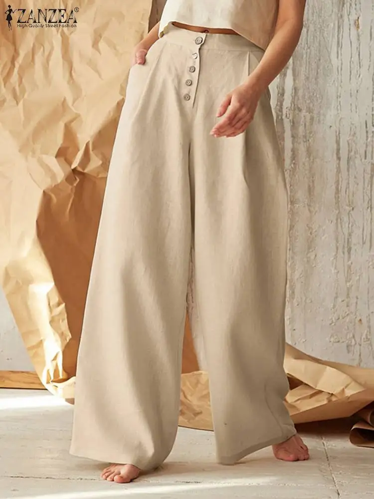 

ZANZEA Elegant Loose Wide Leg Pants 2022 Spring Office Work Capris Button Oversized Overalls Stylish Women Casual Cotton Trouser
