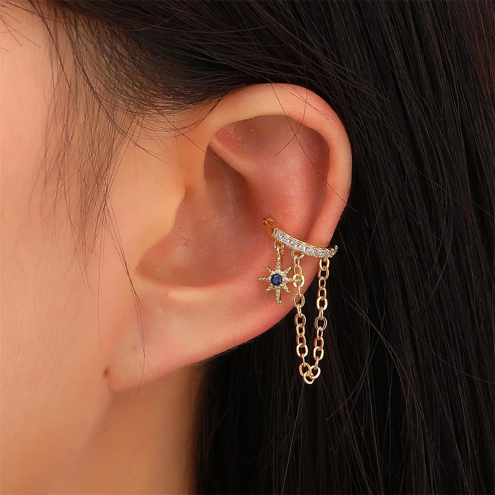 

Korea Simple Metal Zircon Pierced Ear Clip Retro Copper Inlaid Zircon Personality Star Chain Ear Clip Tassel Earrings For Women