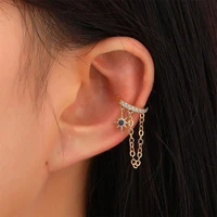korea simple metal zircon pierced ear clip retro copper inlaid zircon personality star chain ear clip tassel earrings for women