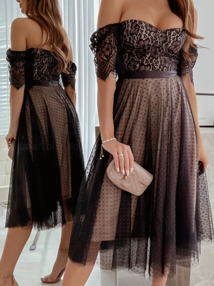 

Sexy Off-the-shoulder Lace Mesh Ladies Dress Women Elegant Solid Color Waist Mid-Length Dress Summer New Large Swing Dress Party