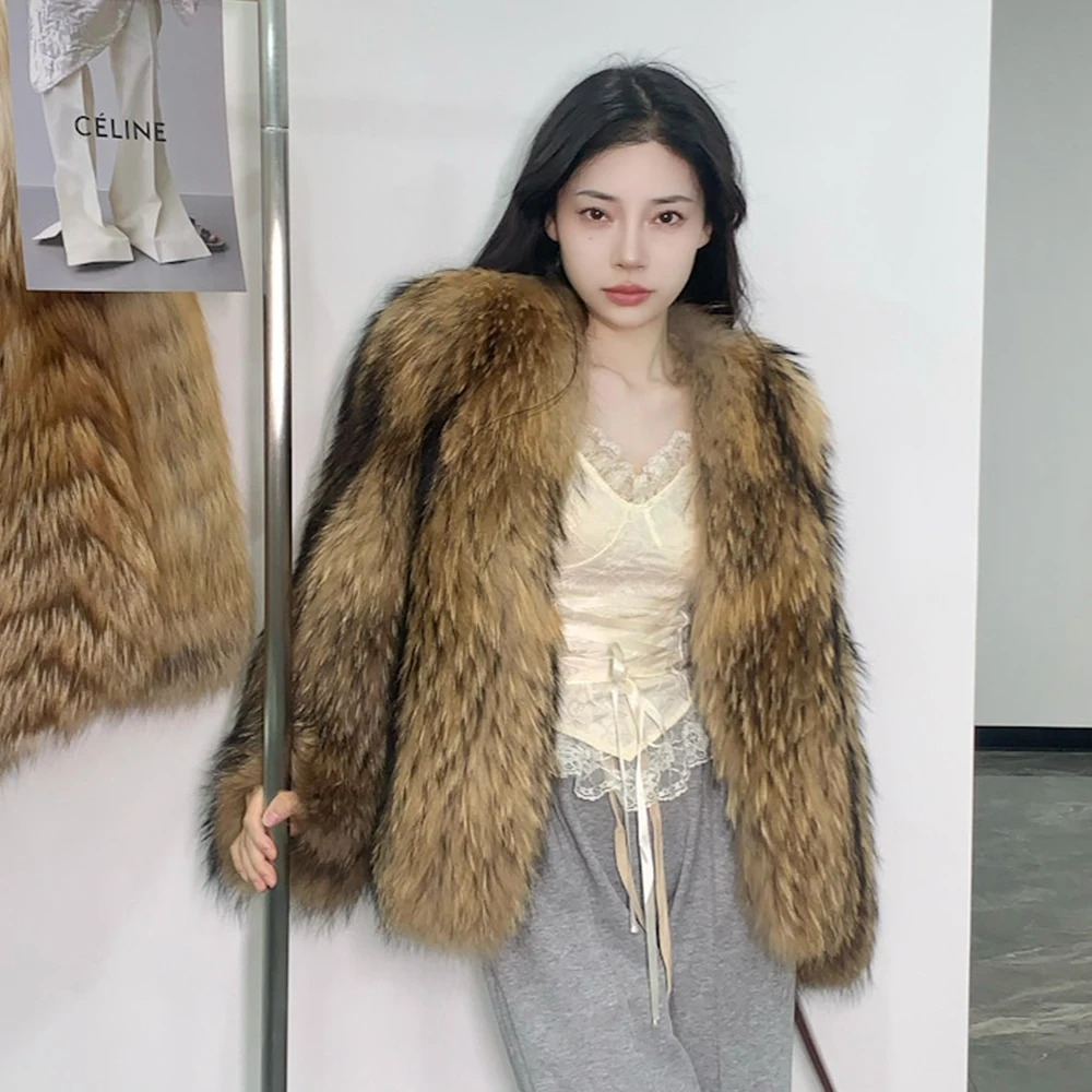 Whole Skin Natural Raccoon Fur Coat Ladies Natural Raccoon Fur Jacket Full Pelt Fur Coat Women Real Fur Outwear enlarge