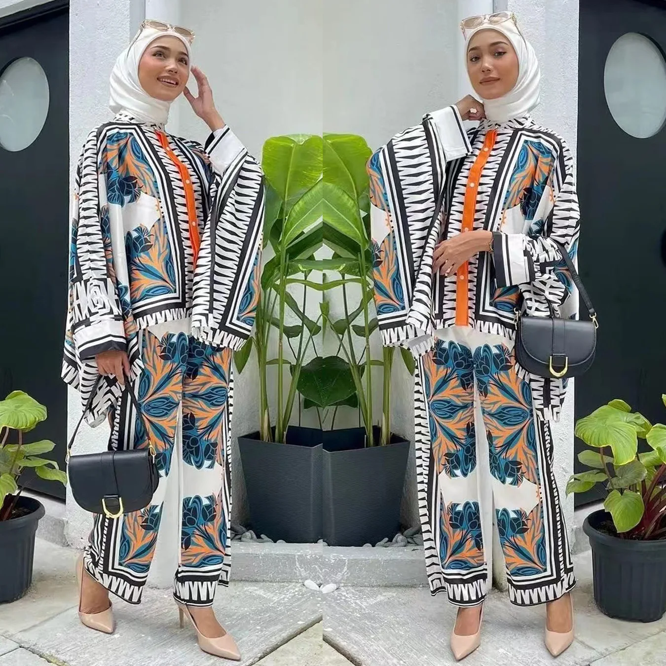 

Muslim Two Piece Set Women Ramadan Abaya Turkey Dubai Hijab Prayer Dress Wide Leg Pants Kaftan Moroccan Muslim Clothes