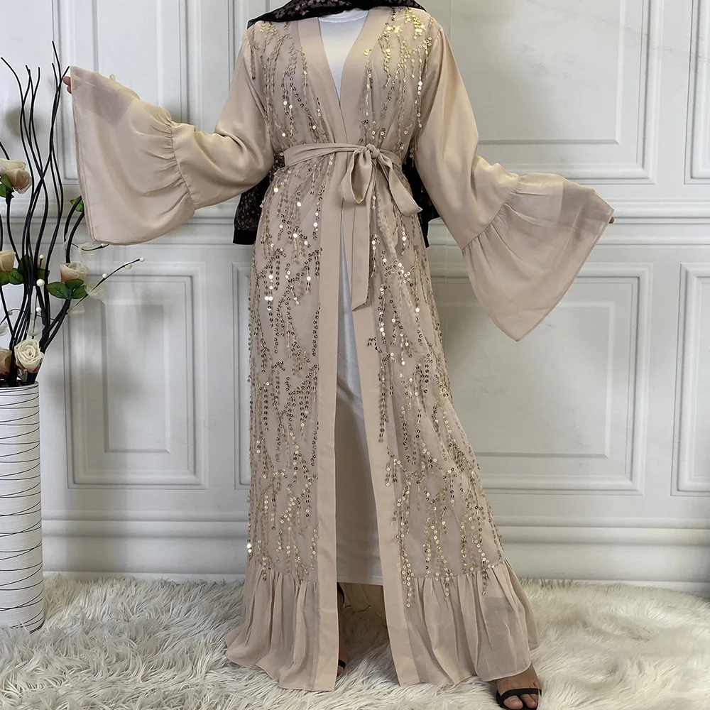 Рамадан ИД открытый кафтан мусульманское платье женское Дубай 2022 шифоновое кимоно с блестками кардиган кафтан Турция искусственное платье
