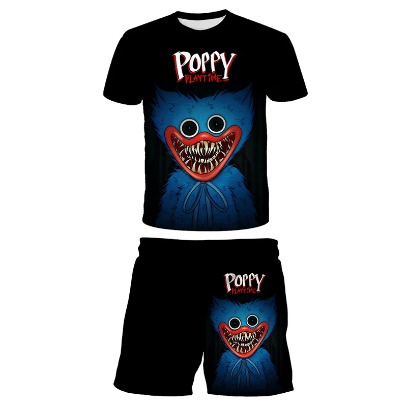 

New Video Game Poppy Playtime T-Shirt + Pants 2 Pcs Suit Cartoon Children Clothing Sets Kids Boys Sports Suit Huggy Wuggy Shorts