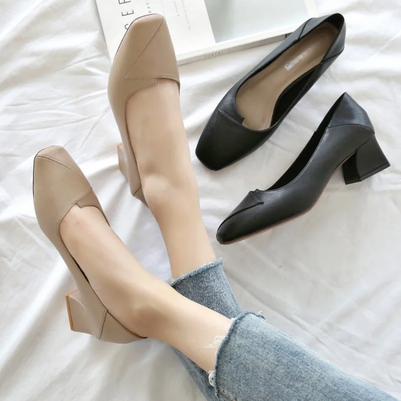 

2023, модные женские туфли на высоком каблуке 4,5 см, женские туфли высокого качества, Женская Роскошная обувь из искусственной кожи, женские туфли на среднем квадратном каблуке