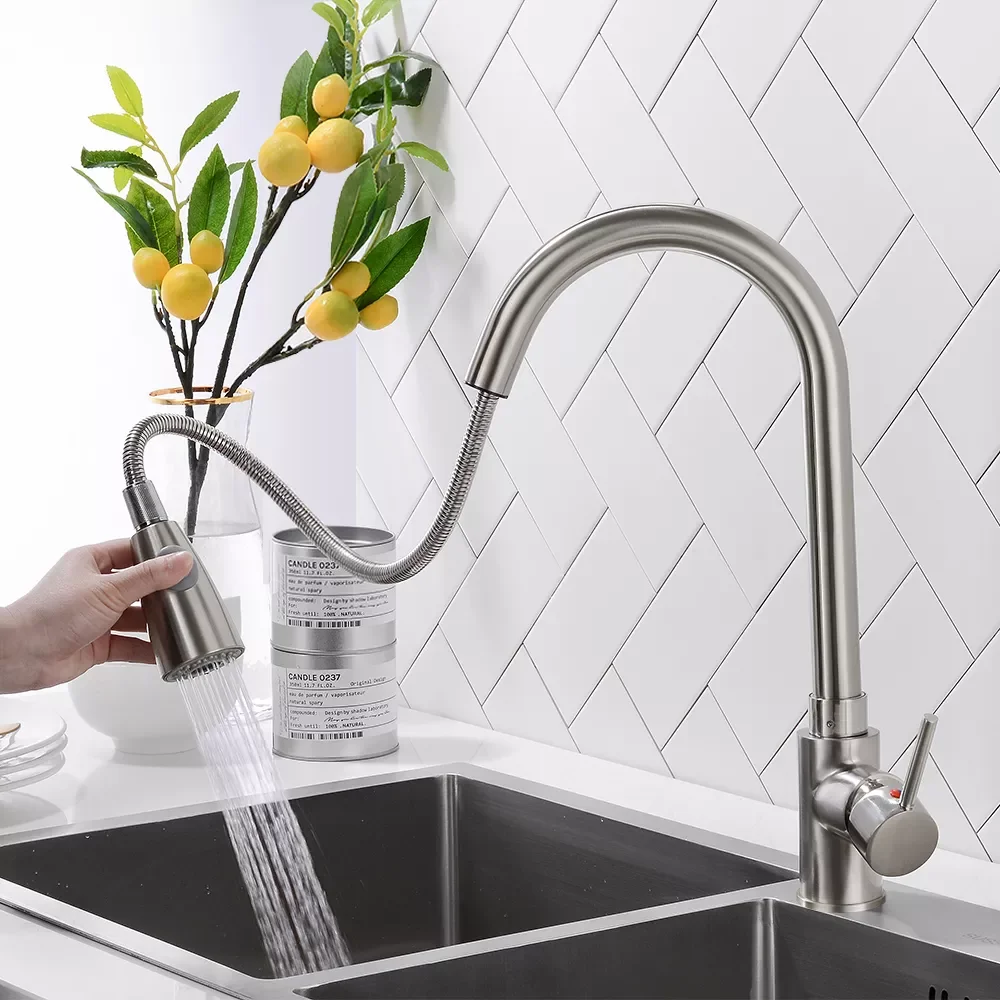 

Pull Out Kitchen Faucet Brushed Nickel/Chrome Stainless steel Sink Tap Deck Installation 360 Degrees Hot and Cold Mixer Tap