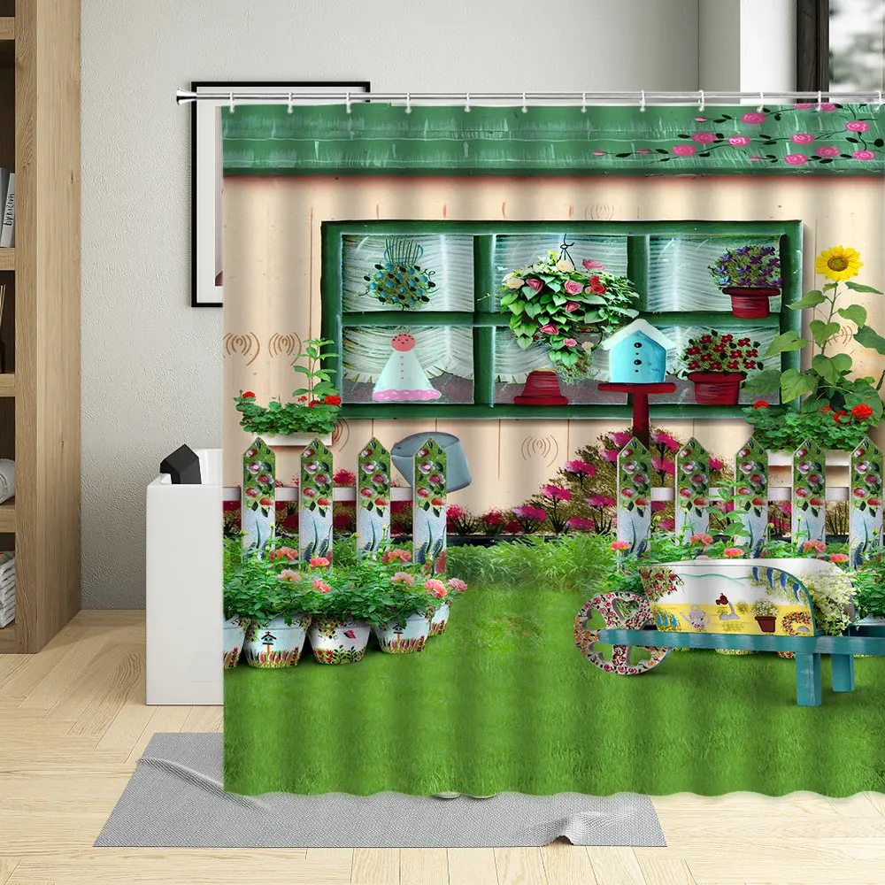 

Занавеска для душа садовая с 3D-принтом, занавеска с рисунком цветов, растений, зеленых листьев, ландшафта, ограждения, для двора, ванной комнаты