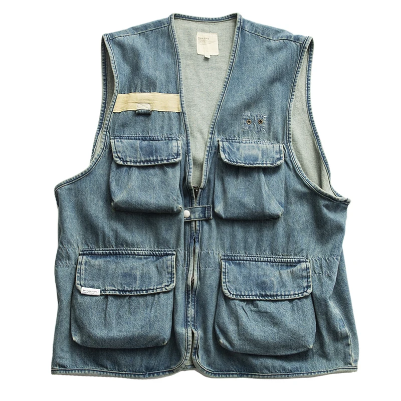 

Japanese Retro Light Blue Washed Used Three-dimensional Pocket Loose Denim Vest Coat for Men and Women American Leisure