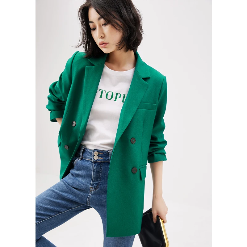 

Green Blazers Women 2022 Autumn Solid Office Lady Spring/Autumn Blazer Femme Double Breasted Notched Collar