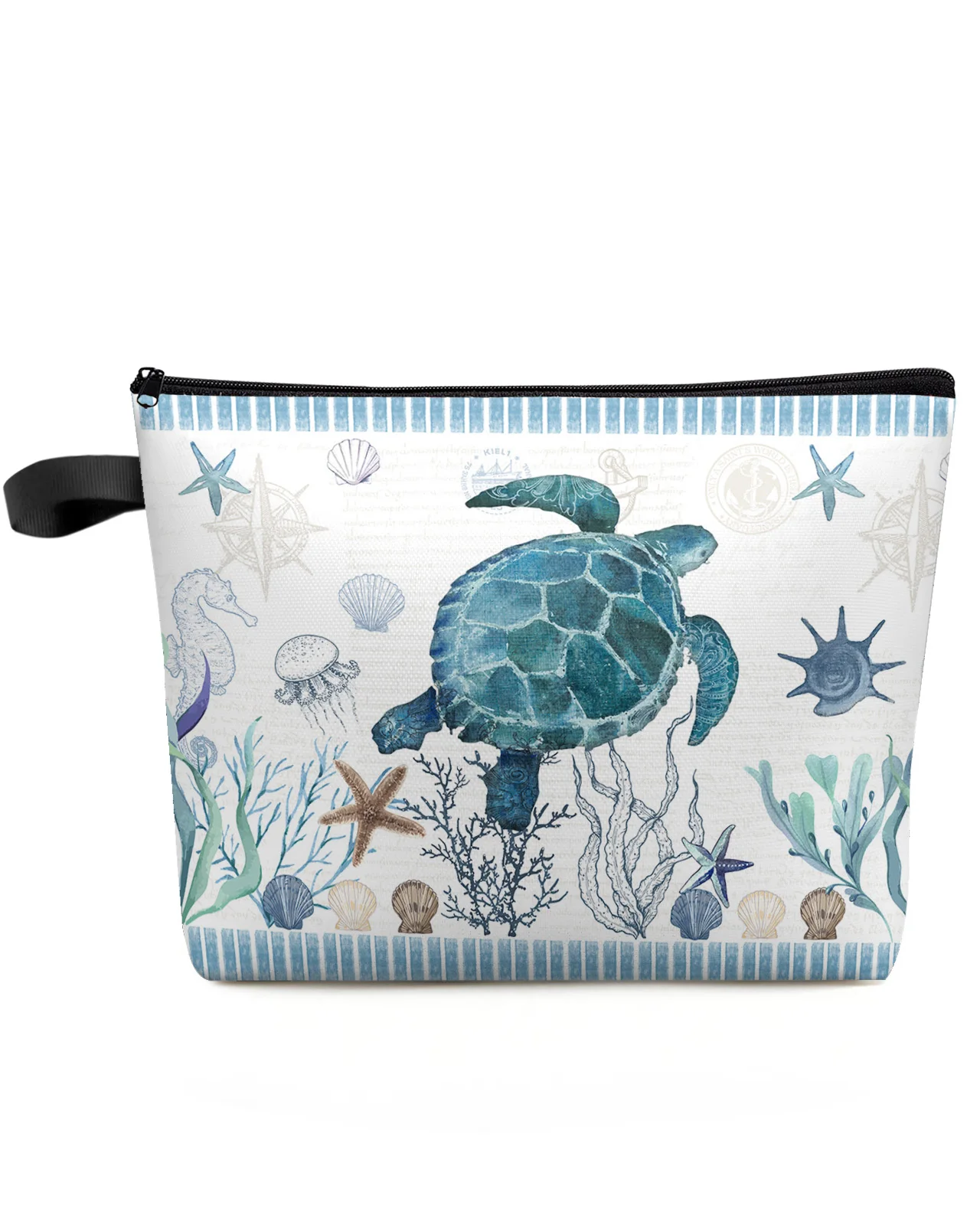 

Mediterranean Style Sea Turtle Stripes Custom Travel Cosmetic Bag Portable Makeup Storage Pouch Women Waterproof Pencil Case