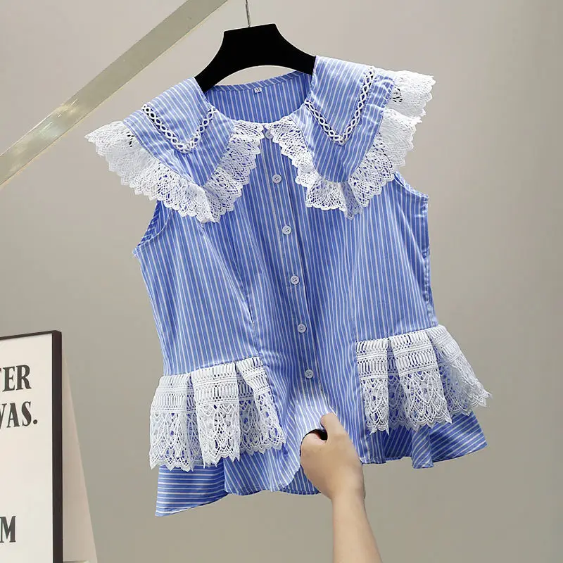 

VANOVICH 2022 Summer New Fashionable Contrast Color Striped Patchwork Lace Peter Pan Collar Sweet Sleeveless Temperament Shirt