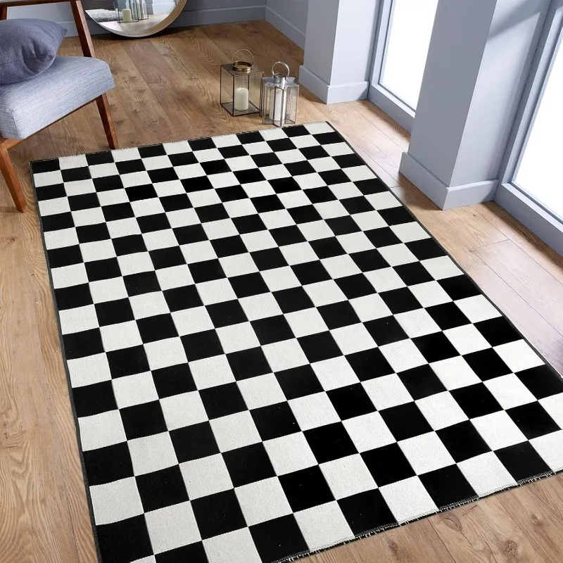 Черно-белый коврик в клетку марокканский для ползания уличный моющийся