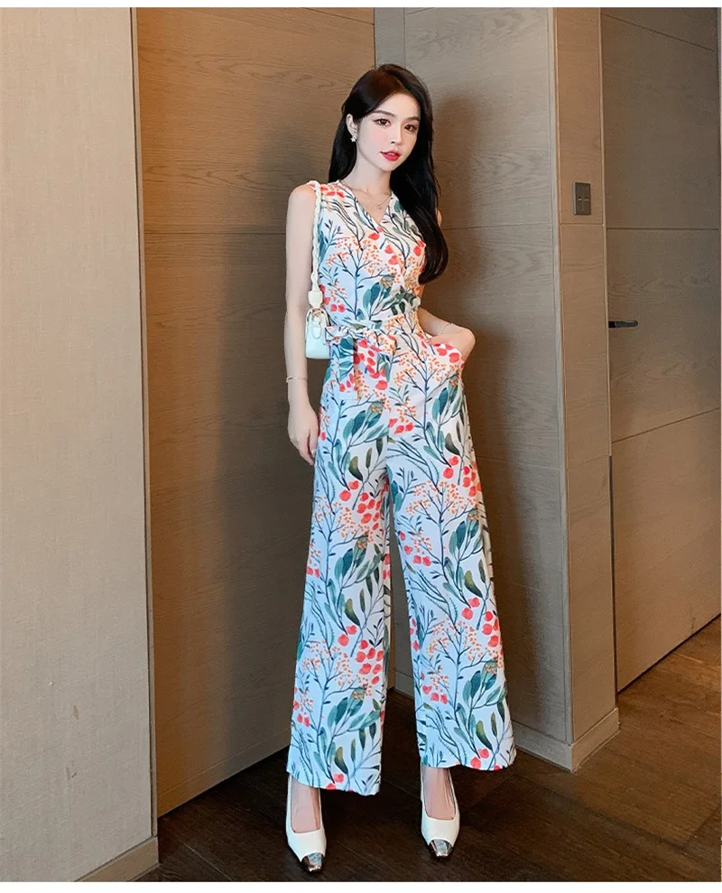 

Женский комбинезон со шнуровкой и принтом, новинка 2023, вечерний элегантный богемный пляжный Летний комбинезон с высокой талией в стиле ретр...