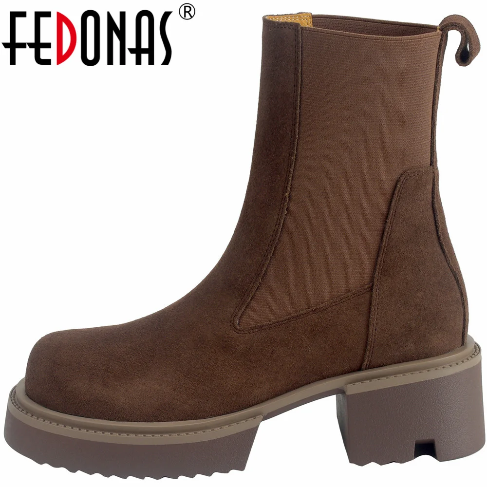 

FEDONAS Round Toe Splicing Women Ankle Boots Thick Heels Leisure Cow Suede Leather Casual Working Shoes Woman Autumn Winter New