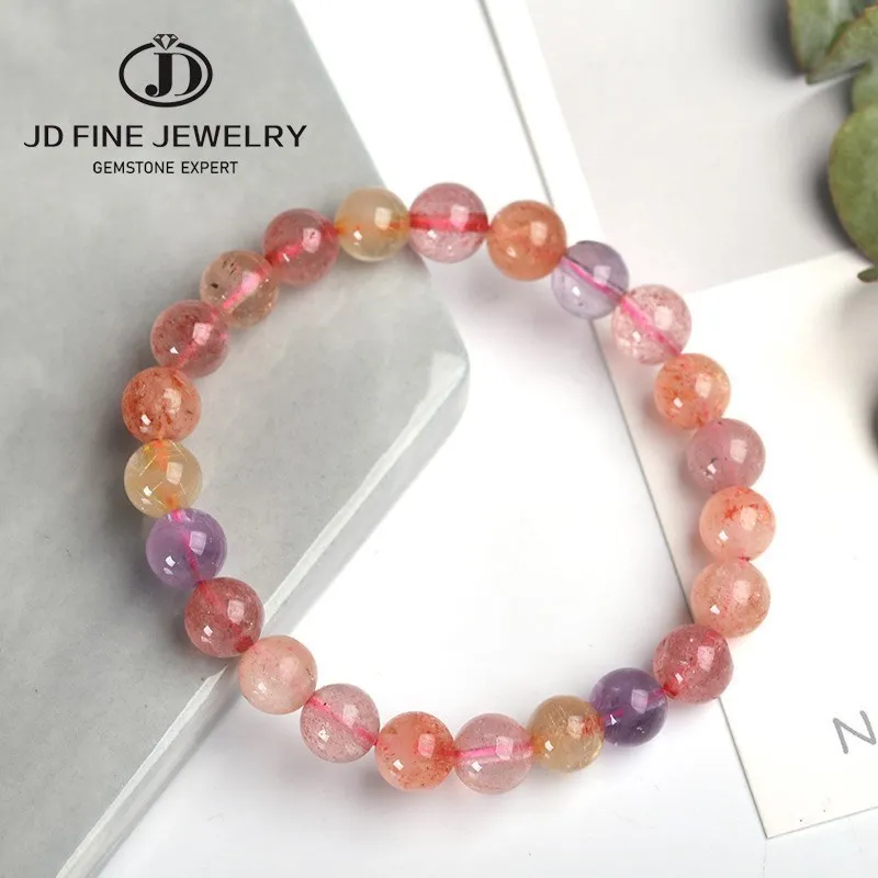 

JD Natural Stone Bead Super Seven Strawberry crystal Rutilated Quartz Amethyst Quartz Jewelry 18-19cm Elastic Bracelet Xmas Gift