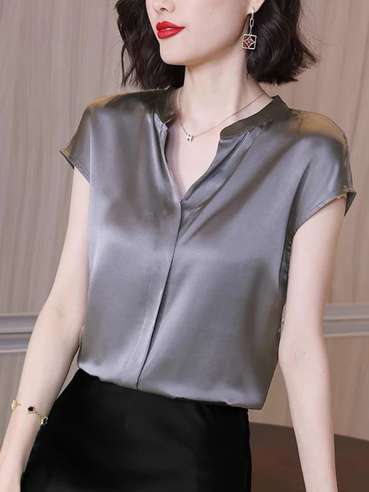 Satin Blouse Women Short Sleeve Top Office Lady V Neck Solid Color Office Blouses Fashion Summer Chiffon Shirt Blusas de Mujer