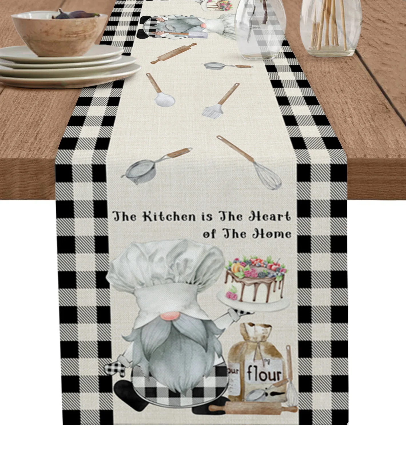 

Chef Gnome Cake Dessert Plaid Table Runner luxury Kitchen Dinner Table Cover Wedding Party Decor Cotton Linen Tablecloth