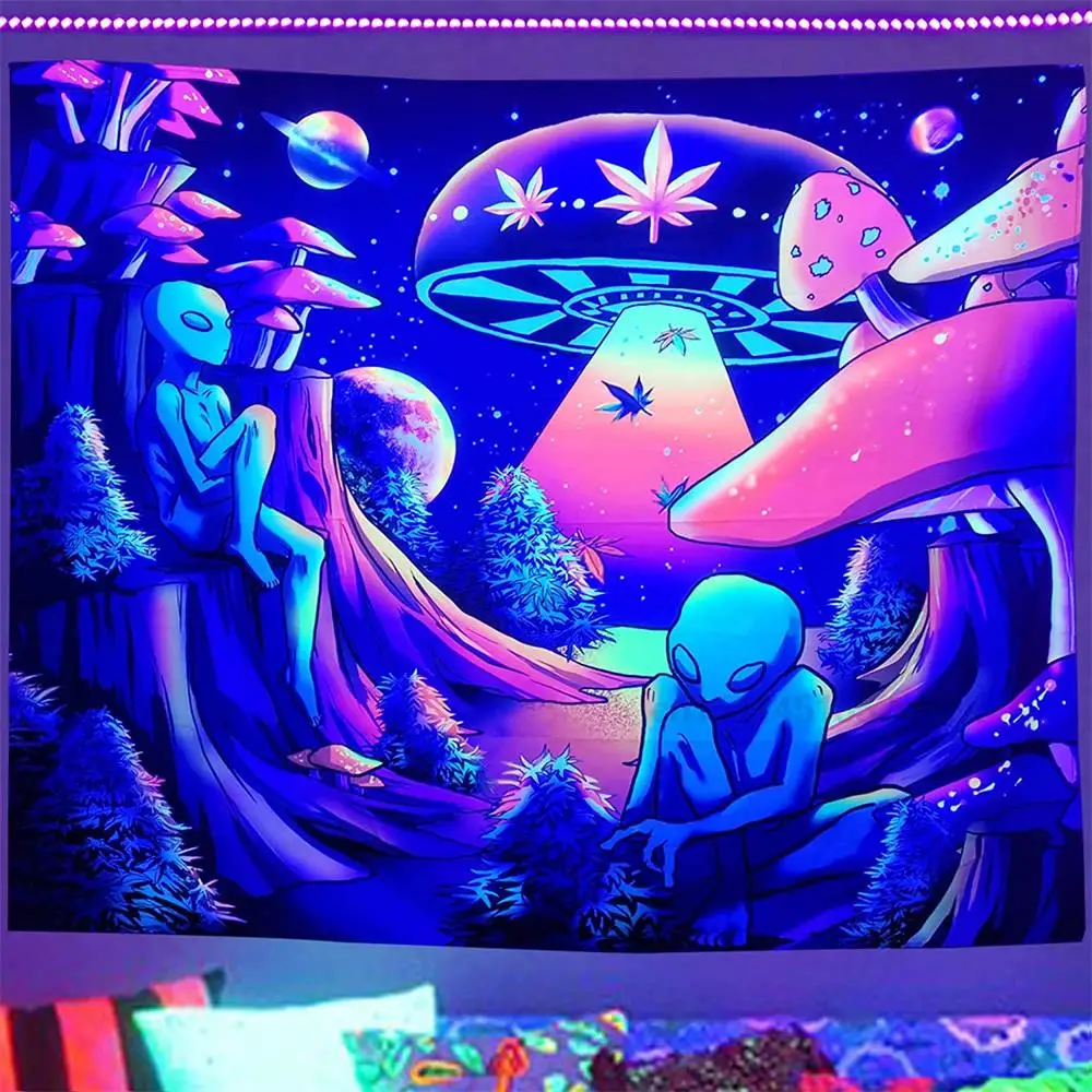 

Неоновый гобелен с изображением инопланетных сорняков, черного цвета, УФ-реактивный психоделический гриб, флуоресцентный Настенный декор