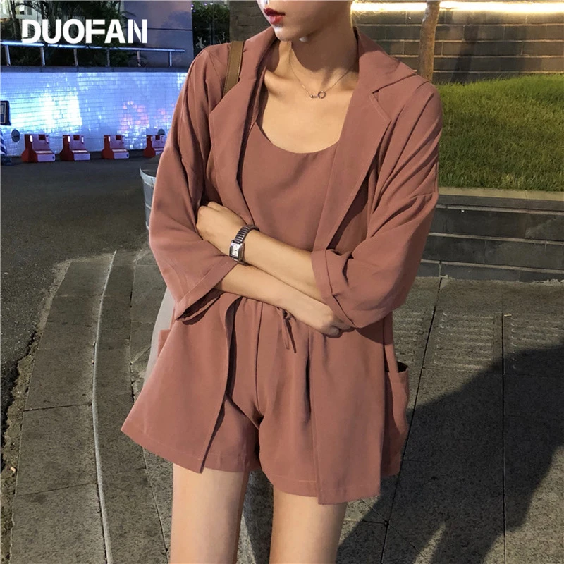 

DUOFAN Women's Office Shorts Suit Set Solid Color Short-Sleeved Double-Breasted Blazer Elegant Female 3 Piece Outfits Sets