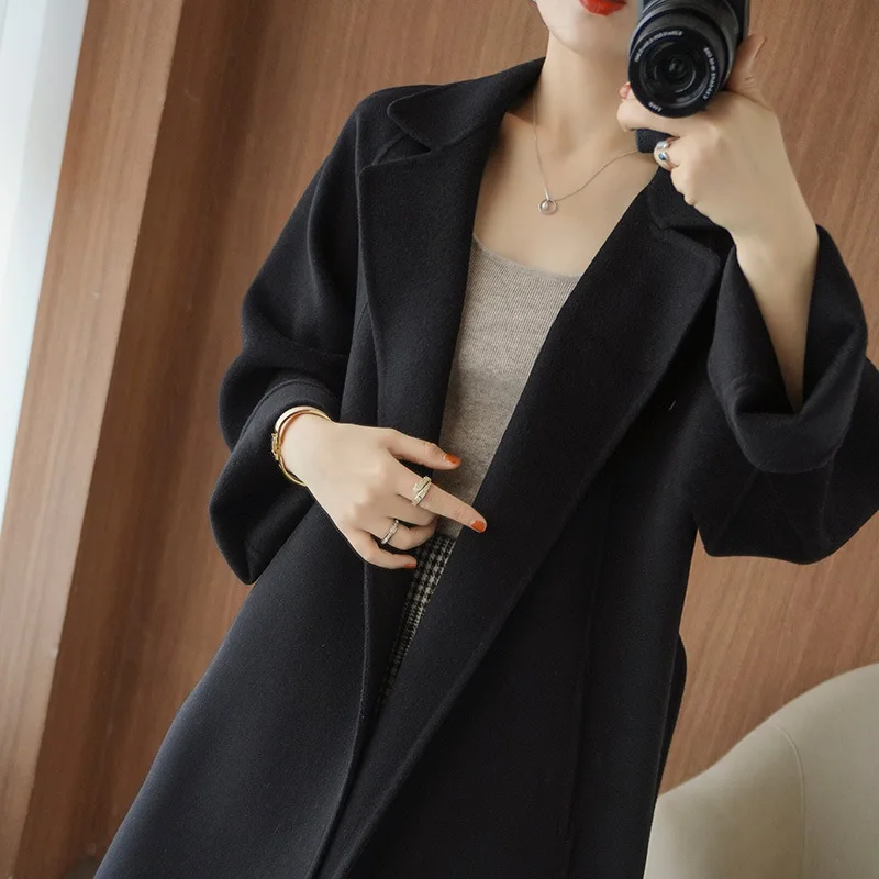 

Double sided cashmere coat women's long knee length loose large high-end wool cloth coat new autumn and winter 2022