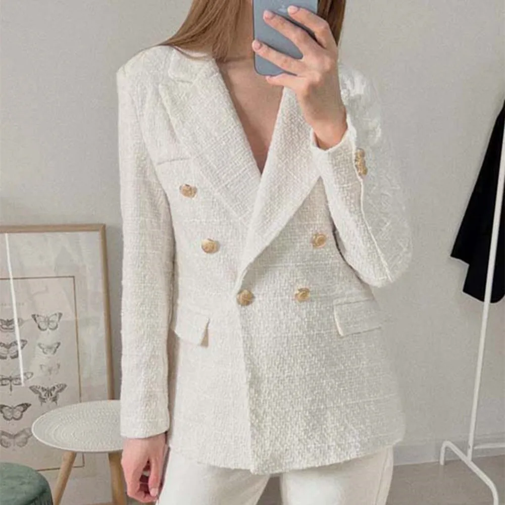 Women Jacket Spring 2022 Fashion Double Breasted Tweed Blazer Coat Vintage Long Sleeve Female Outerwear Chic Top