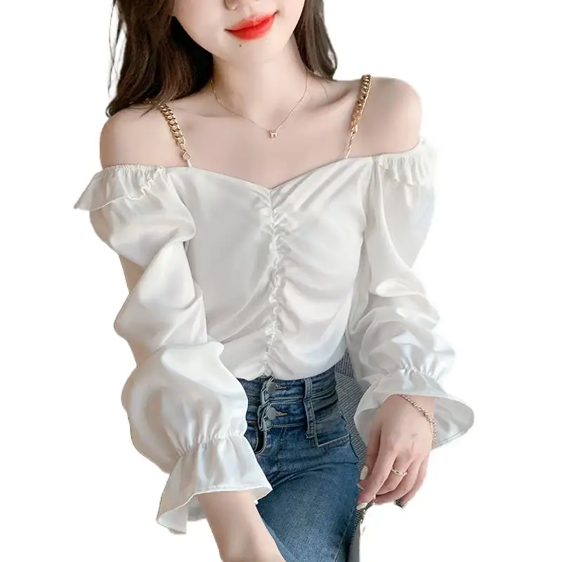 

Design Sense One Word Off Shoulder Shirt for Women 2022 Spring Short Style Lantern Sleeve Top