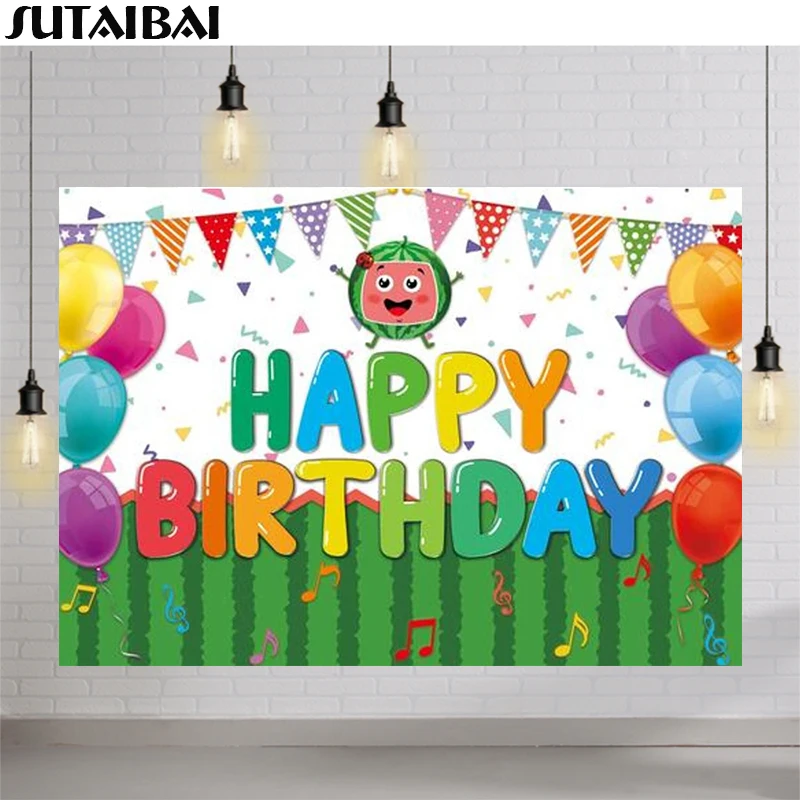 Happy Birthday Backdrop Cartoon Family Photography Background Lovely Watermelon Colorful Balloon Party Decoration for Boys Girls