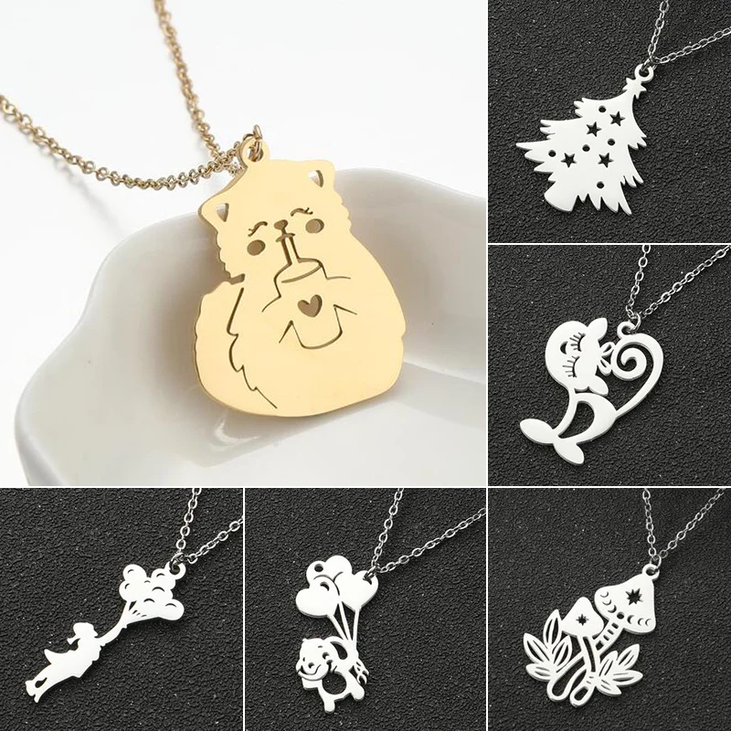 Gold Silver Color Cat Mushroom Balloon Elephant Stainless Steel Pendant Necklace for Women Girls New Choker Chain Gift |