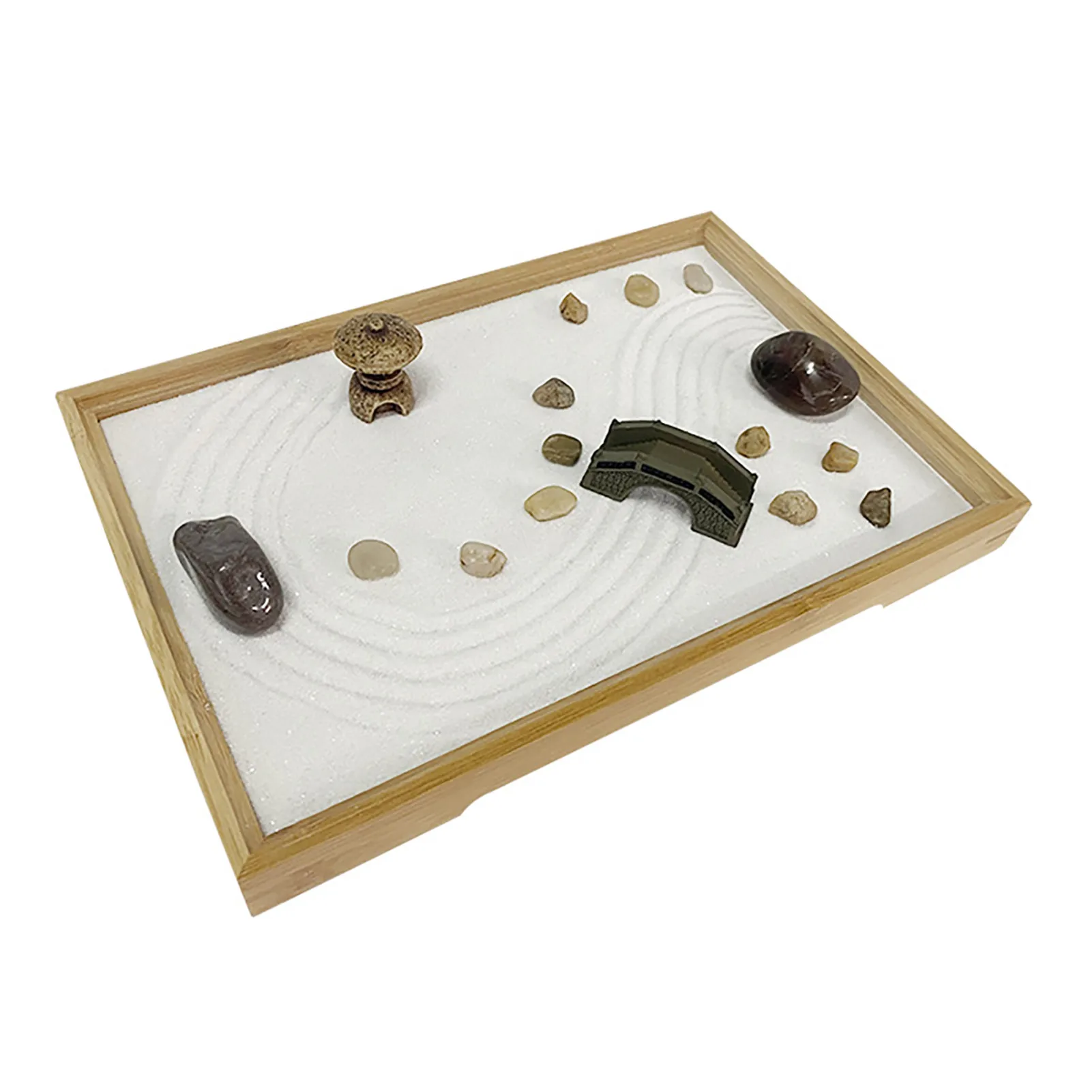 

Настольный садовый набор для медитации в японском стиле, прямоугольный садовый песочный поднос, миниатюрный декор для медитации с белым пе...