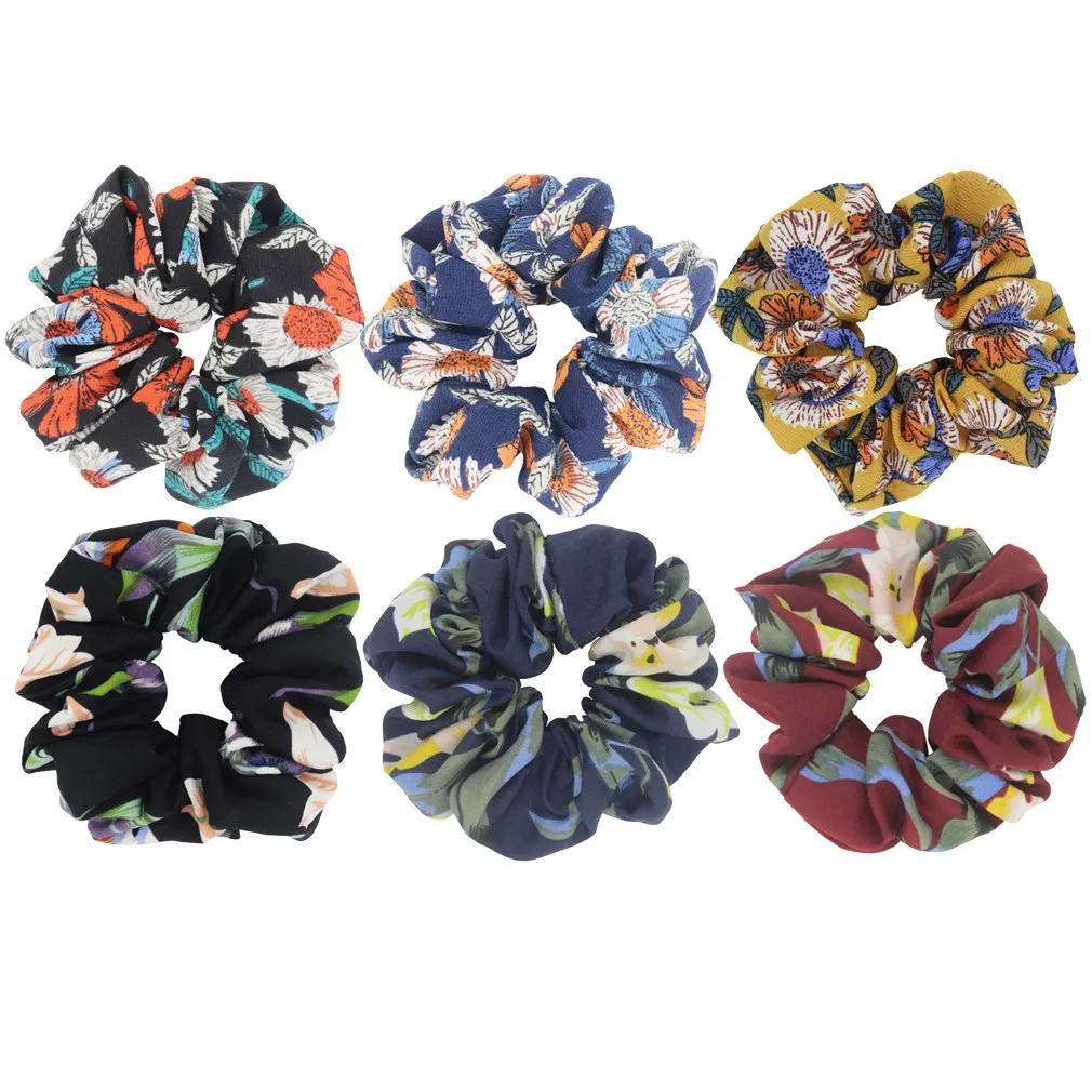 Fashion Women Girls 6 Pack Flower Cloth Fabric Hair Accessories Chiffon Ponytail Holder Bobbles Printted Elastic Hair Bands images - 6