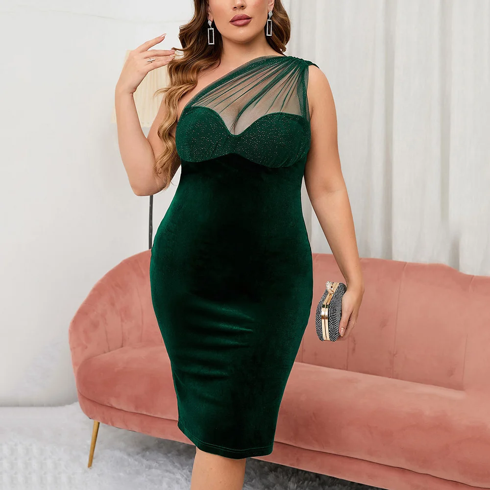 Plus Size African Dresses Women 2023 Summer Sexy One-shoulder Dress Perspective Velvet Mesh Slim Office Party Midi Dress
