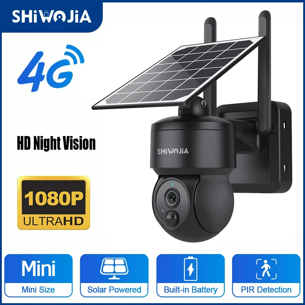 

SHIWOJIA 1080P IP PTZ Solar Panel Camera 4G SIM Outdoor Security Protection CCTV PIR Alarm Motion Battery Powered Night Vision
